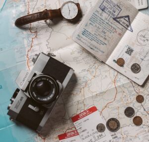 top view of travel accessories